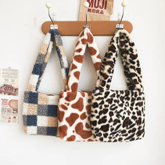 Lady Soft Leopard Totes Fluffy Plush Messenger Bag Women Book Shoulder Bags