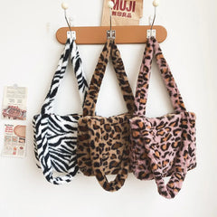 Lady Soft Leopard Totes Fluffy Plush Messenger Bag Women Book Shoulder Bags