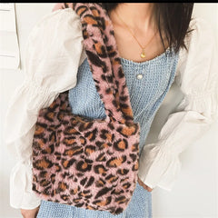 Lady Soft Leopard Totes Fluffy Plush Messenger Bag Women Book Shoulder Bags