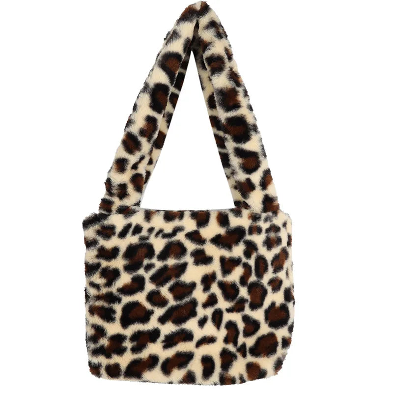 Lady Soft Leopard Totes Fluffy Plush Messenger Bag Women Book Shoulder Bags