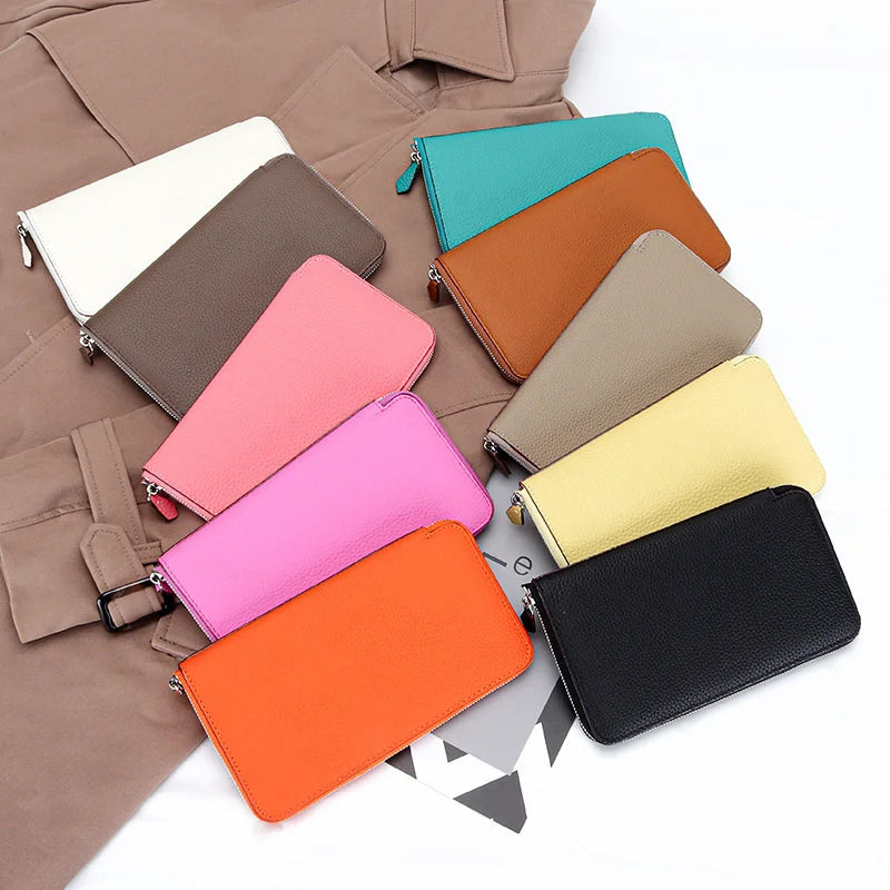 Women's Cow Leather Long Wallet Zipper Bag Ultra-thin Purse for Mobile Phone