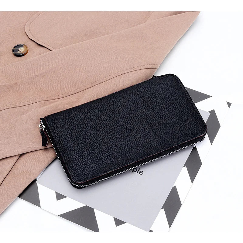 Women's Cow Leather Long Wallet Zipper Bag Ultra-thin Purse for Mobile Phone