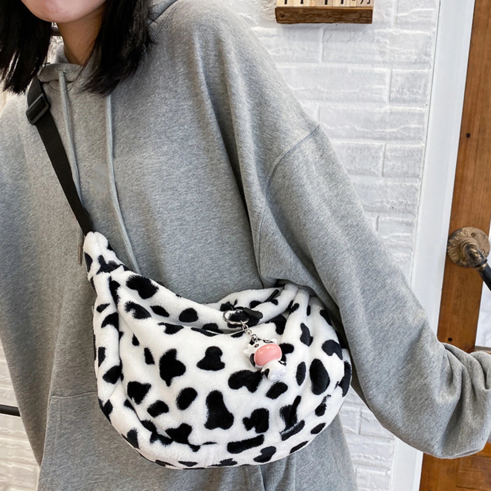Women Cow Pattern Shoulder Bag Plush Crossbody Handbag
