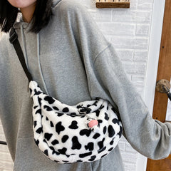 Women Cow Pattern Shoulder Bag Plush Crossbody Handbag