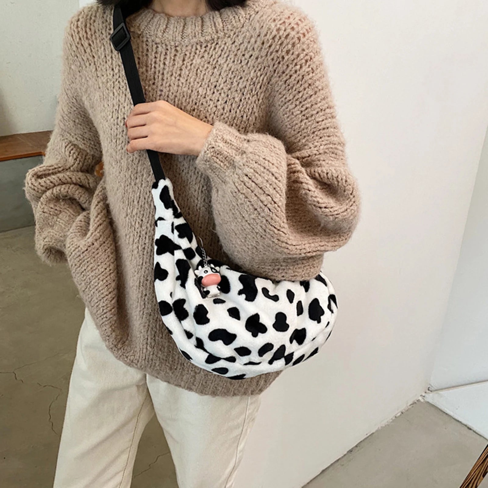 Women Cow Pattern Shoulder Bag Plush Crossbody Handbag