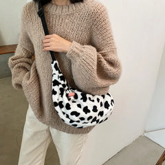 Women Cow Pattern Shoulder Bag Plush Crossbody Handbag