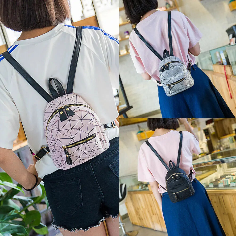 Pink Sliver Leather Backpack School Rucksack College Shoulder Satchel