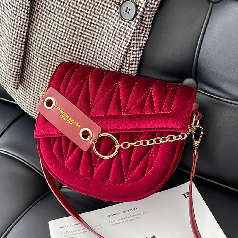 Velvet Saddle Crossbody Bag Flap Shoulder Clutch Handbag