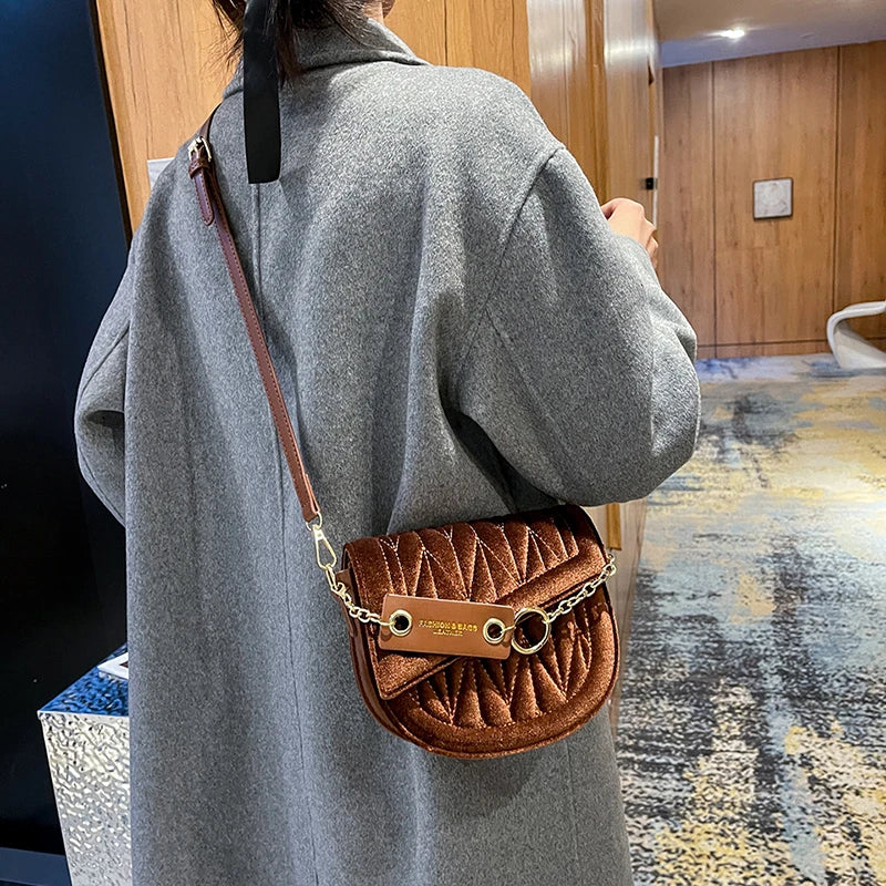 Velvet Saddle Crossbody Bag Flap Shoulder Clutch Handbag
