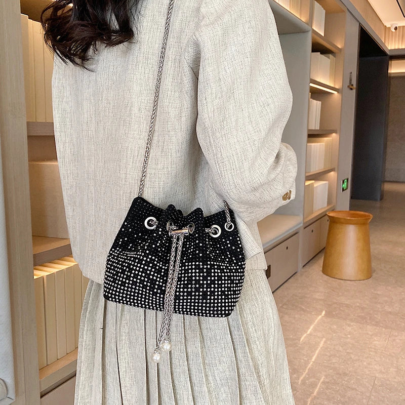 Canvas Drawstring Clutch Bag Metal Chain Crossbody Shoulder Bags for Women