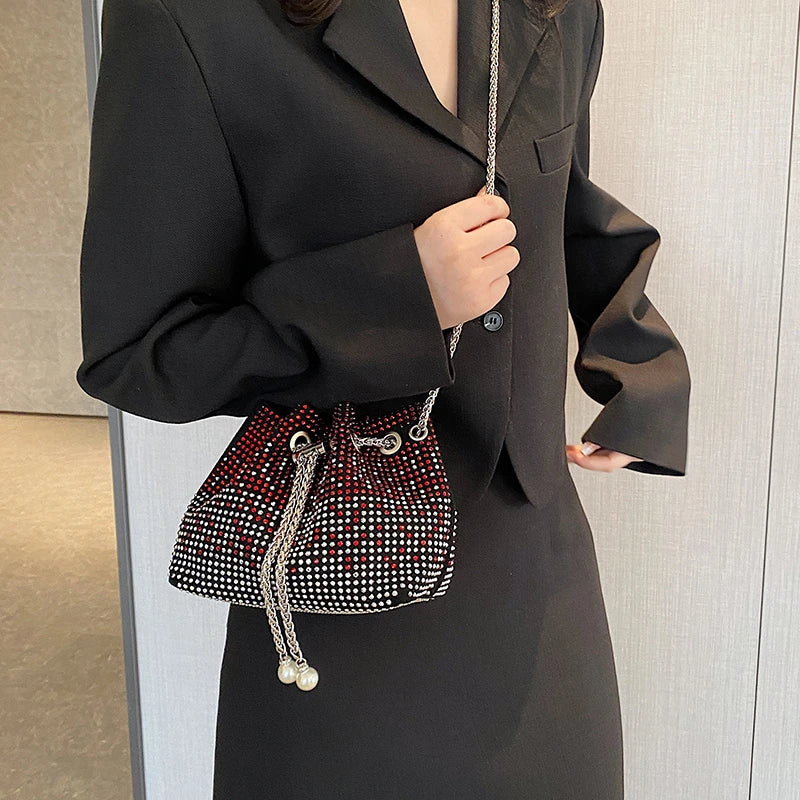 Canvas Drawstring Clutch Bag Metal Chain Crossbody Shoulder Bags for Women