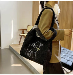 Lamb Fabric Women's Shoulder Bags Large Capacity Embroidery Handbag
