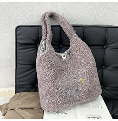Lamb Fabric Women's Shoulder Bags Large Capacity Embroidery Handbag