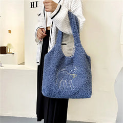 Lamb Fabric Women's Shoulder Bags Large Capacity Embroidery Handbag