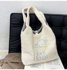Lamb Fabric Women's Shoulder Bags Large Capacity Embroidery Handbag