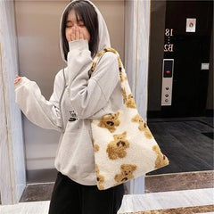Fluffy Fur Bear Shoulder Tote Bag Canvas Handbags