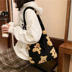 Fluffy Fur Bear Handbag Large Capacity Soft Tote Bag
