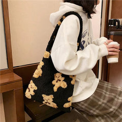 Fluffy Fur Bear Shoulder Tote Bag Canvas Handbags