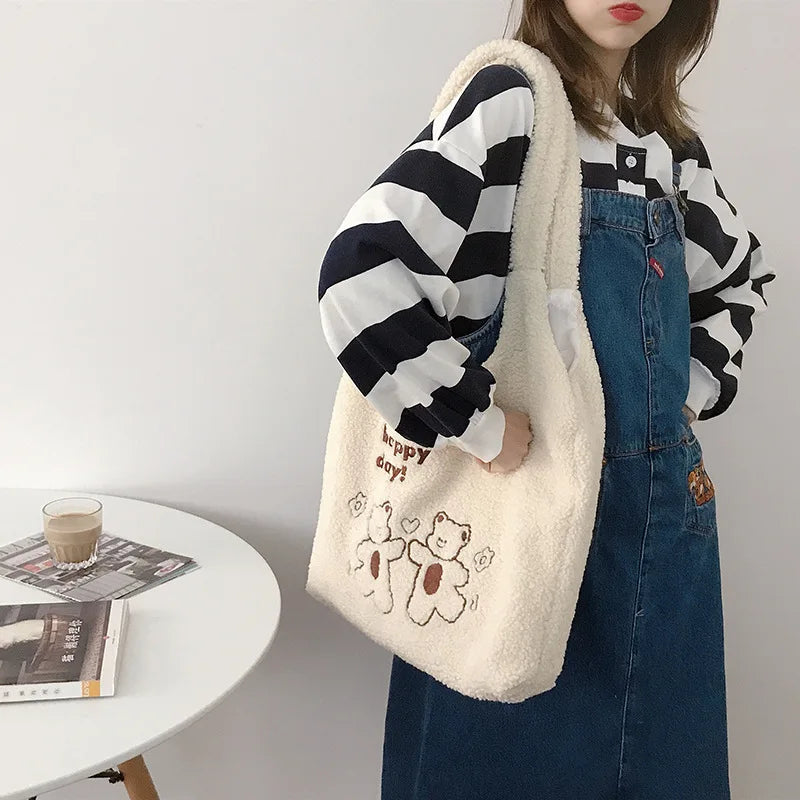 Plush Lamb Women Shoulder Bag Soft Tote Large Capacity