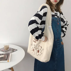 Plush Lamb Women Shoulder Bag Soft Tote Large Capacity