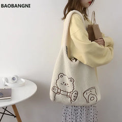 Plush Canvas Shoulder Bag for Women Soft Tote Shopping Bag