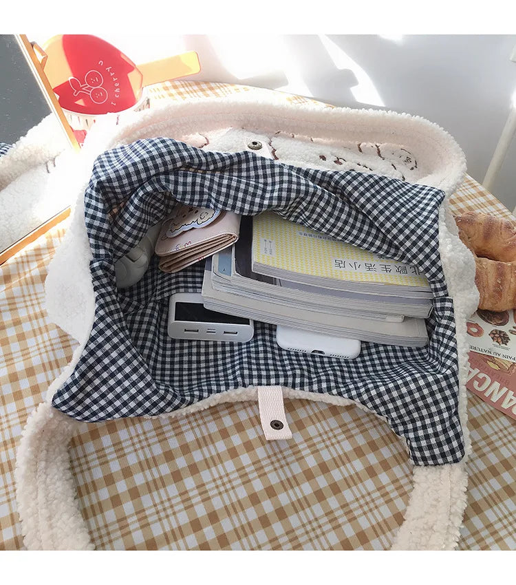 Plush Lamb Women Shoulder Bag Soft Tote Large Capacity