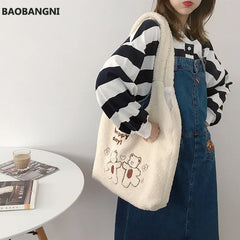 Plush Canvas Shoulder Bag for Women Soft Tote Shopping Bag