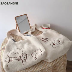 Plush Canvas Shoulder Bag for Women Soft Tote Shopping Bag