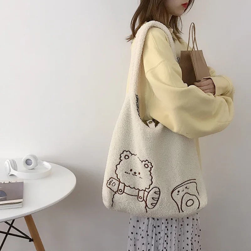 Plush Lamb Women Shoulder Bag Soft Tote Large Capacity