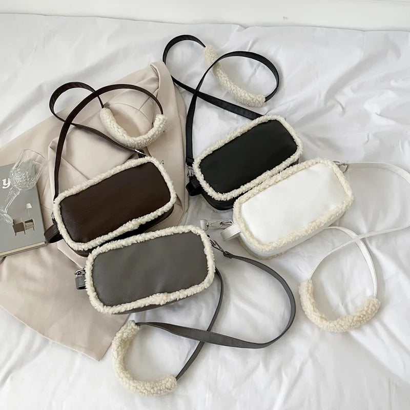 Vintage Lamb Wool Plush Crossbody Bag Square Shoulder Handbag