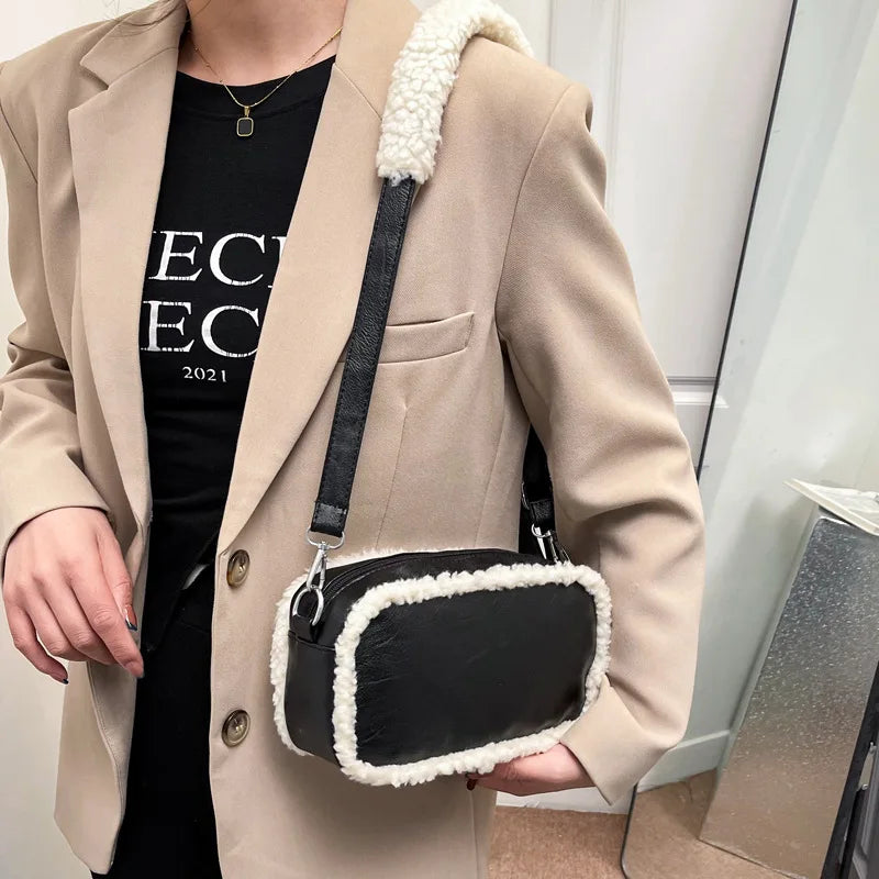 Vintage Lamb Wool Plush Crossbody Bag Square Shoulder Handbag