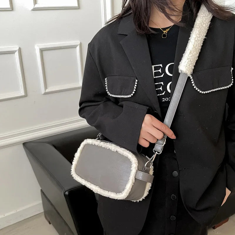 Vintage Lamb Wool Plush Crossbody Bag Square Shoulder Handbag