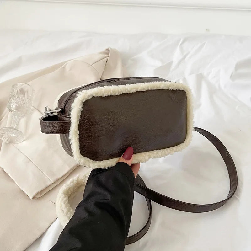 Vintage Lamb Wool Plush Crossbody Bag Square Shoulder Handbag