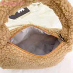 Lamb Wool Shoulder Bag Soft Winter Women Hand Bags Casual Warm Solid