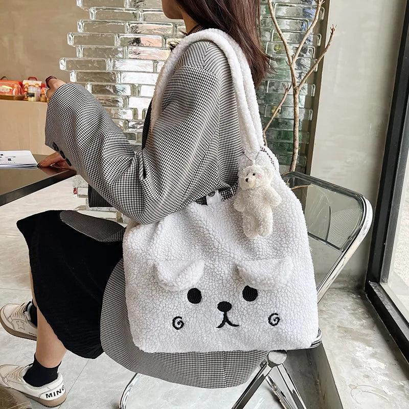 Lambswool Handbags Shoulder Bag for Women Tote Bag Ladies Embroidery Handbag