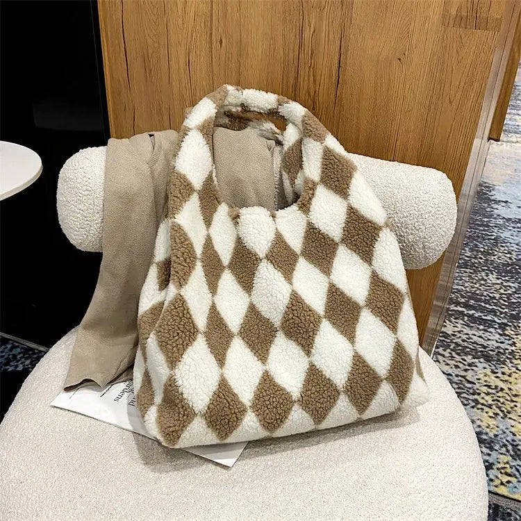 Lambswool Shoulder Bag Winter Diamond Lattice Soft Plush Tote