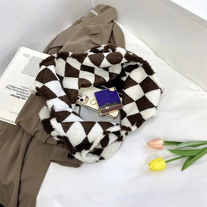 Lambswool Shoulder Bag Winter Diamond Lattice Soft Plush Tote