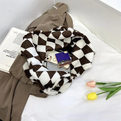 Lambswool Shoulder Bag Winter Diamond Lattice Soft Plush Tote