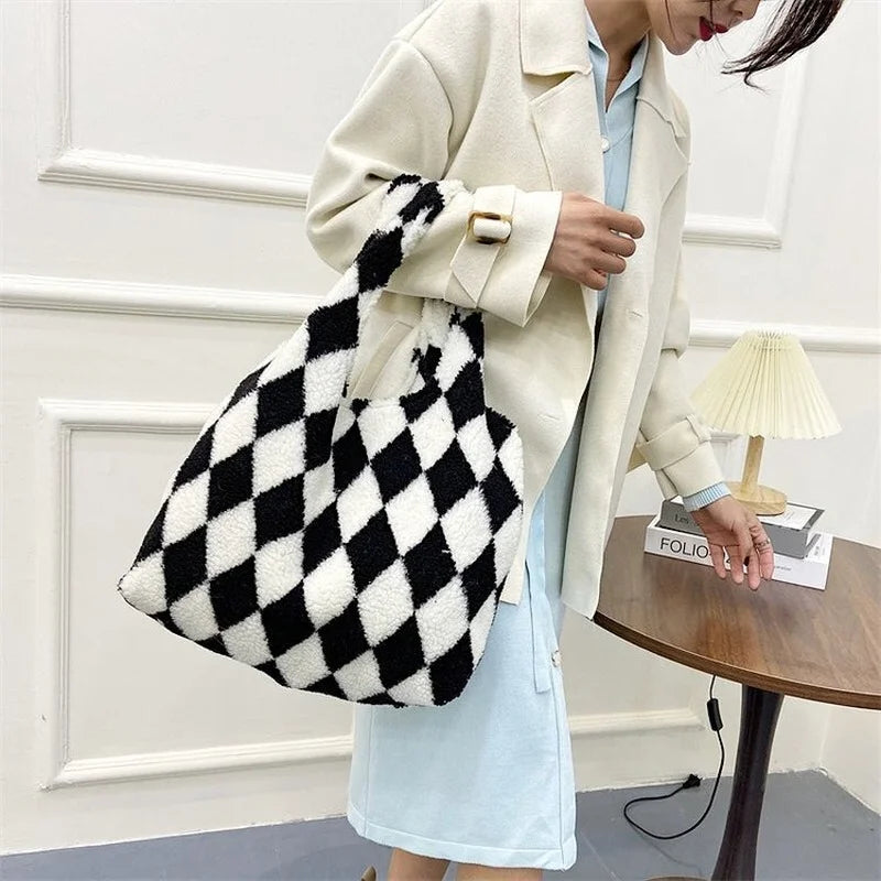 Lambswool Shoulder Bag Winter Diamond Lattice Soft Plush Tote