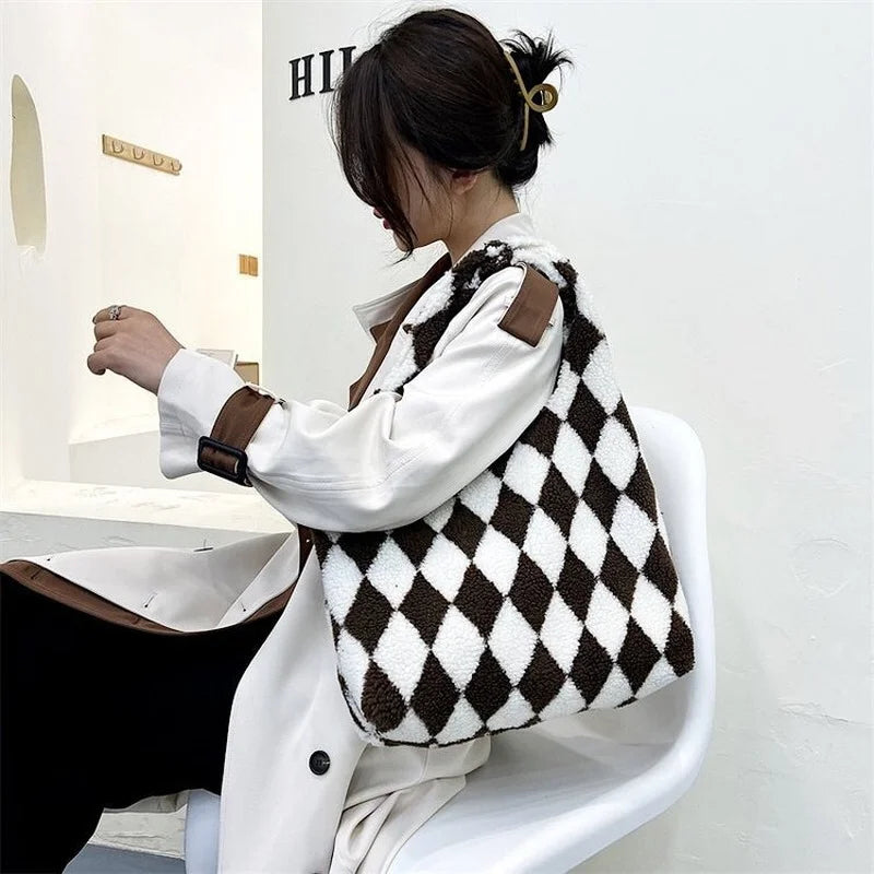 Lambswool Shoulder Bag Winter Diamond Lattice Soft Plush Tote