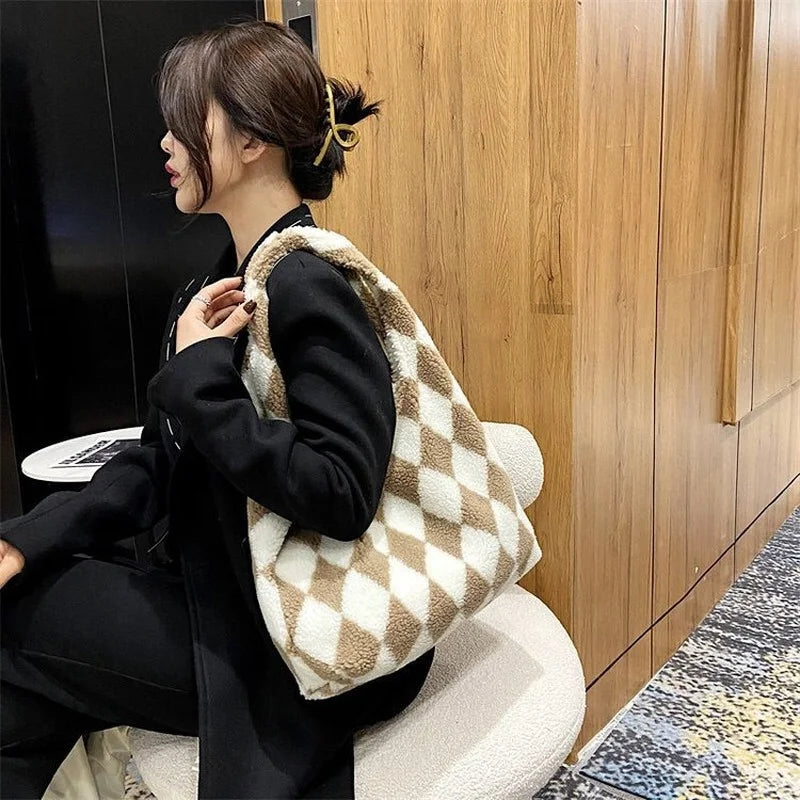 Lambswool Shoulder Bag Winter Diamond Lattice Soft Plush Tote
