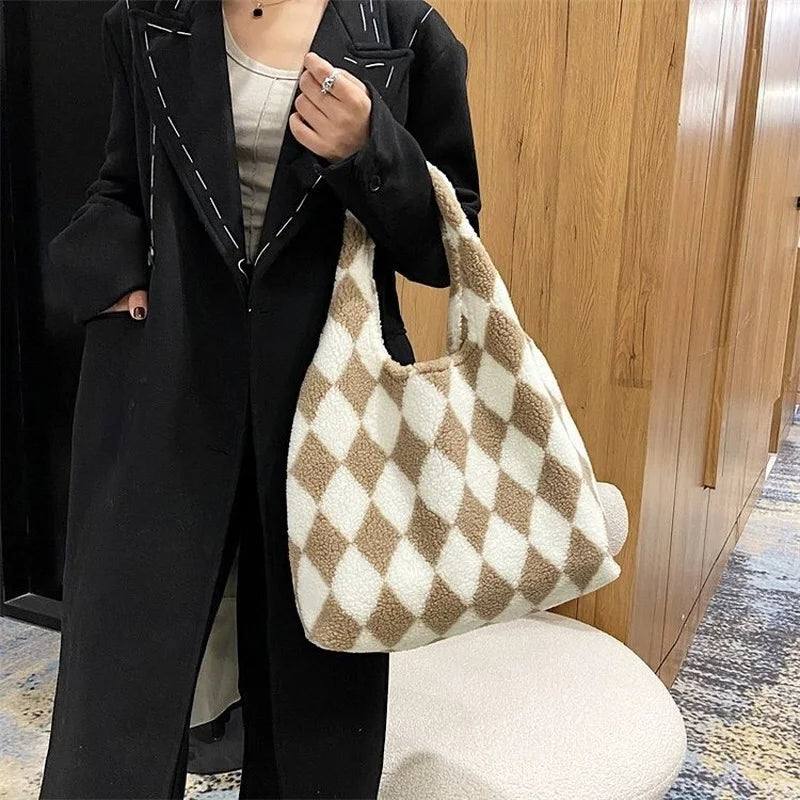 Lambswool Shoulder Bag Winter Diamond Lattice Soft Plush Tote