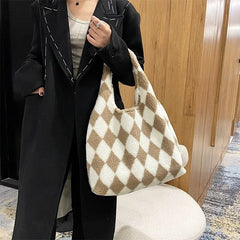 Lambswool Shoulder Bag Winter Diamond Lattice Soft Plush Tote