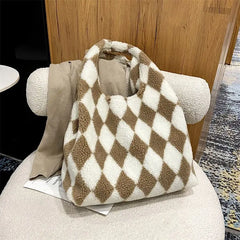 Lambswool Shoulder Bag Winter Diamond Lattice Soft Plush Tote