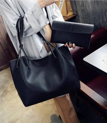 2Pcs Women's Bag Plain Tote Set Pink Grey Brown Clutch Lychee P