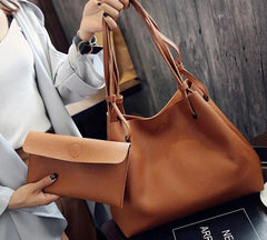 2Pcs Women's Bag Plain Tote Set Pink Grey Brown Clutch Lychee P