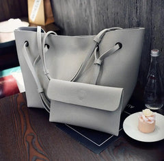 2Pcs Women's Bag Plain Tote Set Pink Grey Brown Clutch Lychee P