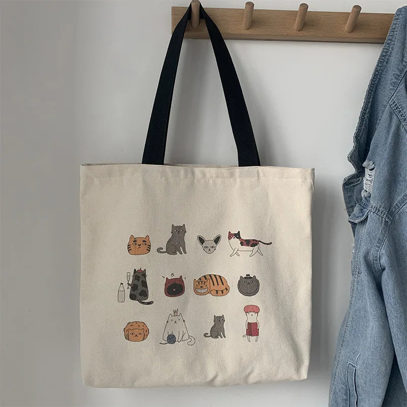 Large Canvas Totes Bag Japanese Cartoon Cat Travel Cotton Cloth Student Bags