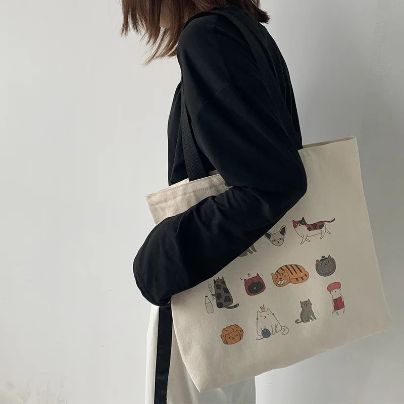 Large Canvas Totes Bag Japanese Cartoon Cat Travel Cotton Cloth Student Bags