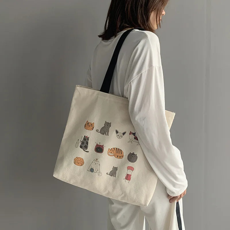 Large Canvas Totes Bag Japanese Cartoon Cat Travel Cotton Cloth Student Bags